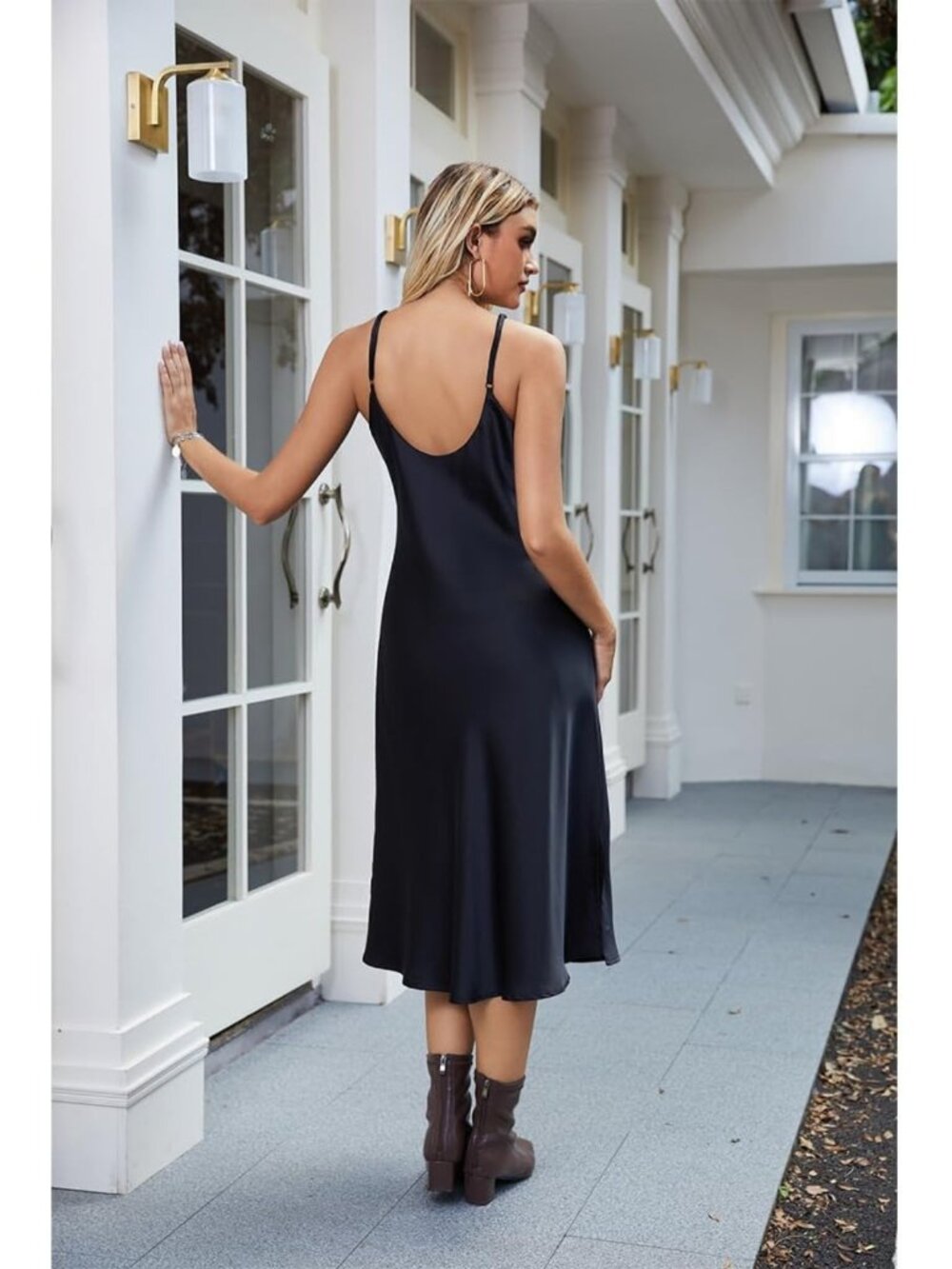 Satin Midi Slip Dress with V-Neck, Spaghetti Straps & Side Slits - Evening - Picture 2 of 6